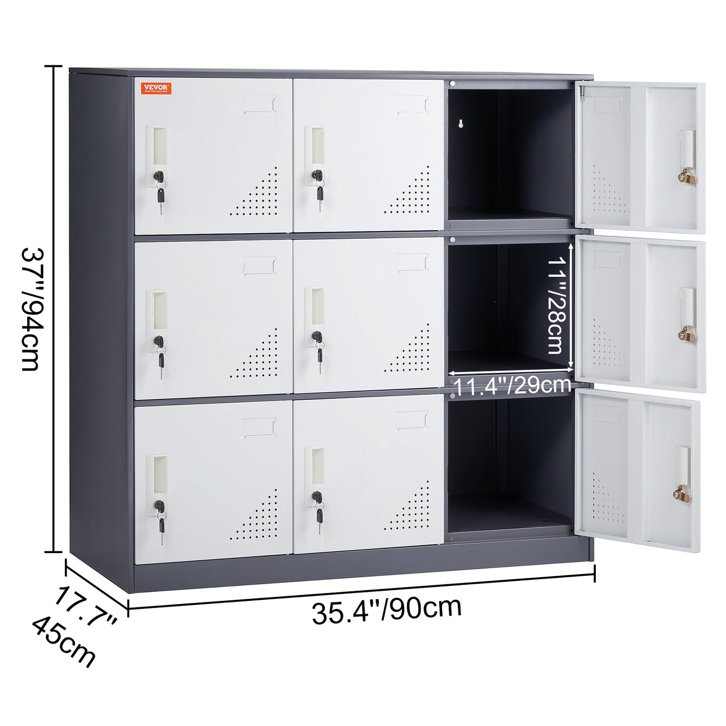 Metalen Locker – Stalen Lockers – Opslagkast – Opbergkast – Kleedkamerkast – Wit – 9 Deuren – Ventilatieopeningen – Magneetsluiting Met Sleutels