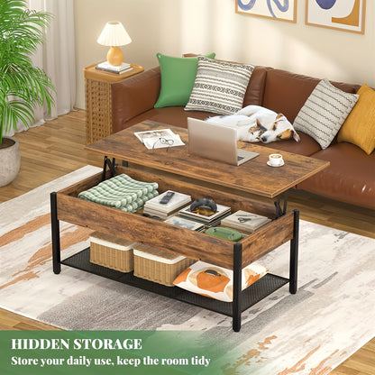 Salontafel – Koffietafel – Bijzettafel – Woonkamertafel – Tafel – Verstelbaar Lift-Top – Verborgen Opbergruimte – Hout – Metaal – Rustiek Bruin