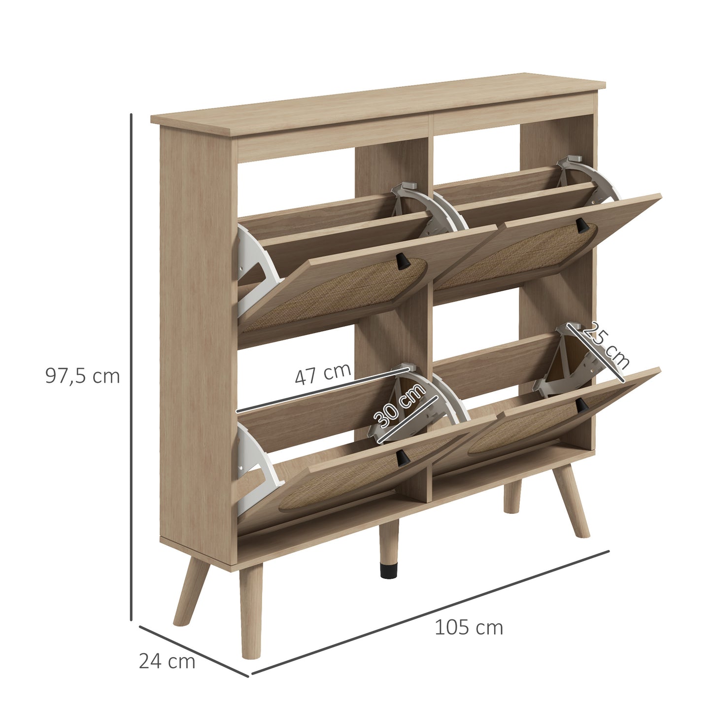 Schoenenkast – Schoenenrek – Schoenopberger – Schoenmeubel – Schoenentoren – Bohemian Stijl – 4 Compartimenten Voor 20 Paar Schoenen – Verstelbare Planken – Naturel Hout