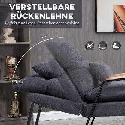 Loungefauteuil – Relaxstoel – Zetel – Slaapstoel – Fauteuil – Verstelbare Rugleuning – Grijs Stof & Zwart Metalen Frame