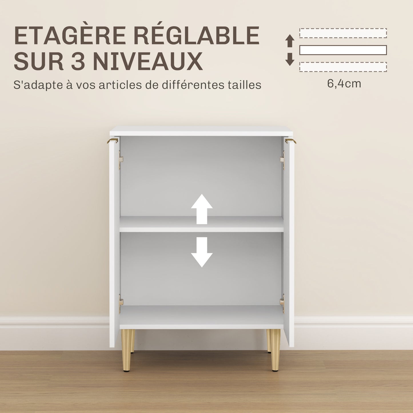 Keukenkast – Buffetkast – Opbergkast – Dressoir – Sideboard – 2 Deuren – Verstelbare Plank – Metalen Poten – Wit – Compact 60x40x80 cm