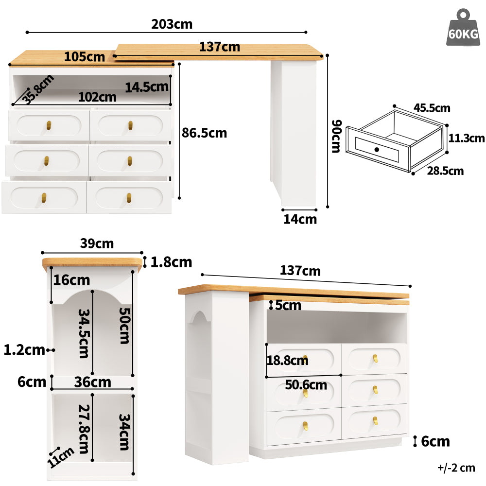 Modern White Extendable Bar Table with 360° Swivel & Storage Drawers - Adjustable Length 138-203cm, Space-Saving Metal Design with Golden-Toned Legs, Multi-Room Use for Kitchen, Living Room, Dining Room, Home Office - Easy A