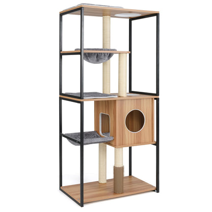 Kat Krabpaal – Krabboom – Klimmeubel – Kattenmeubel – Speeltoren – 160cm Hoog – Met Hangkussen En Sisal Krabpost – Natuurlijke Grijs Zwart Variant