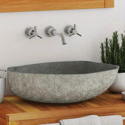 Badkom – Waskom – Fontein – Wastafel – Lavabo – Ovaal River Stone Design – Afmeting (45-53)x(34-41) Cm – Stijlvol Anthraciet