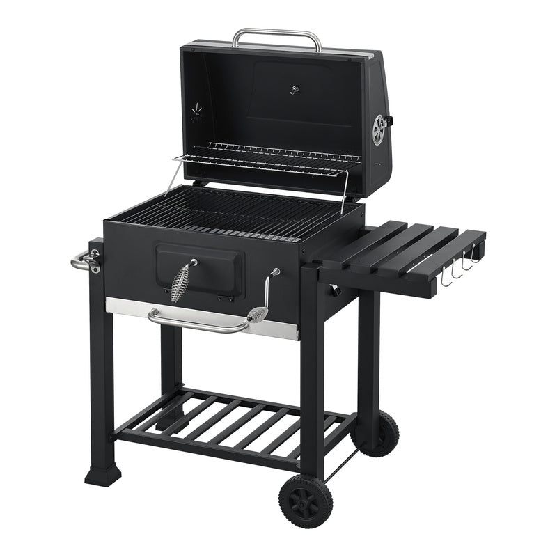 Grillwagen – Barbecuewagen – Houtskoolgrill – Tuingrill – BBQ Trolley – Ruime Grilloppervlakte 105x114x47,5 cm – Ingebouwde Thermometer & Traploze Houtskoolhoogteverstelling