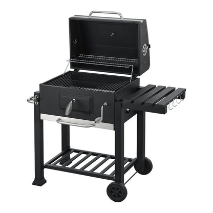 Grillwagen – Barbecuewagen – Houtskoolgrill – Tuingrill – BBQ Trolley – Ruime Grilloppervlakte 105x114x47,5 cm – Ingebouwde Thermometer & Traploze Houtskoolhoogteverstelling