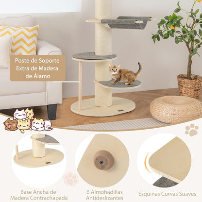 Krabpaal – Kattenkrabpaal – Kattenboom – Krabmeubel – Kattenhuis – Houten Krabpaal Met Hangmat – Dikke Sisal Krabpalen – 120 cm Hoog – Stevige Berkenmultiplex Constructie