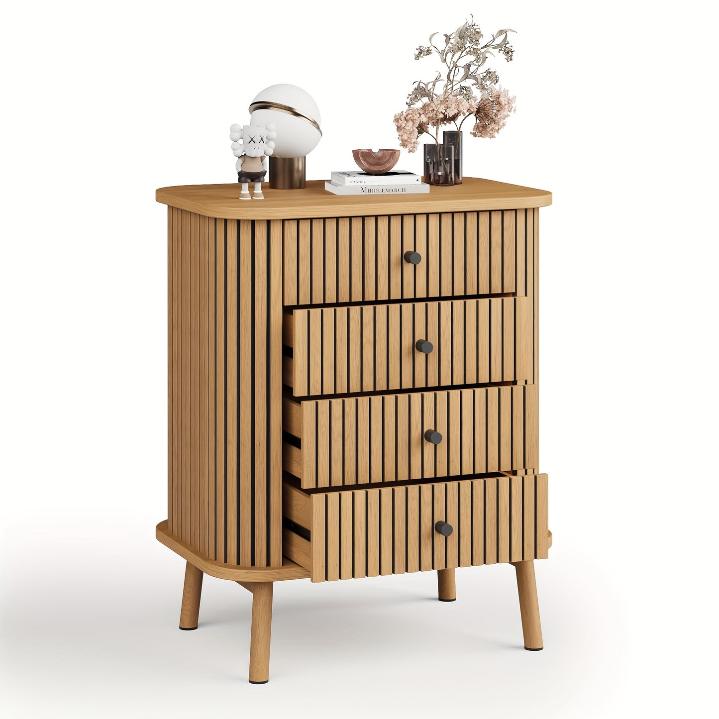 Nachtkastje – Ladekast – Opbergkast – Bedkast – Boho Wicker Kast – Natuurlijk Houtlook – 4 Laden – Ruime Opbergruimte – Compact & Duurzaam Design