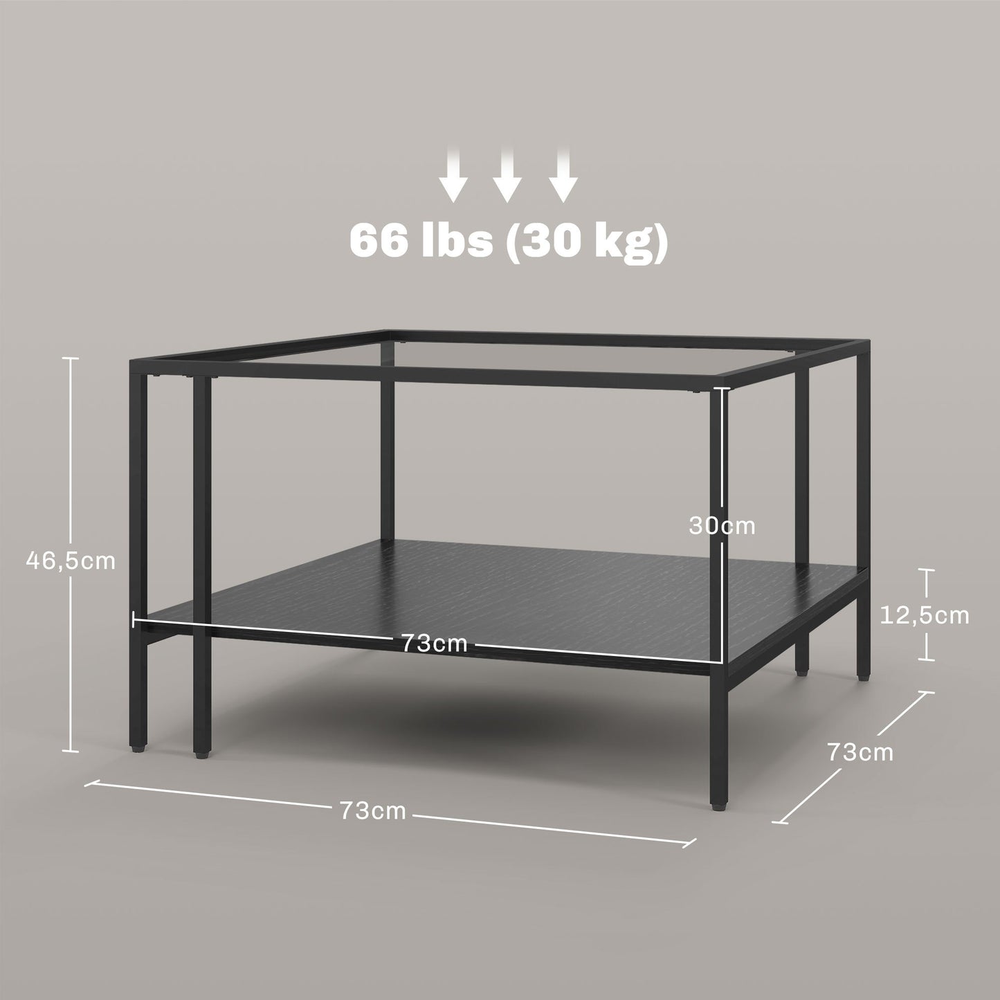 Salontafel – Woonkamertafel – Koffietafel – Tafel – Bijzettafel – Industrieel Design – Temperglas Blad 73x73x46,5 cm – Verstelbare Wieltjes