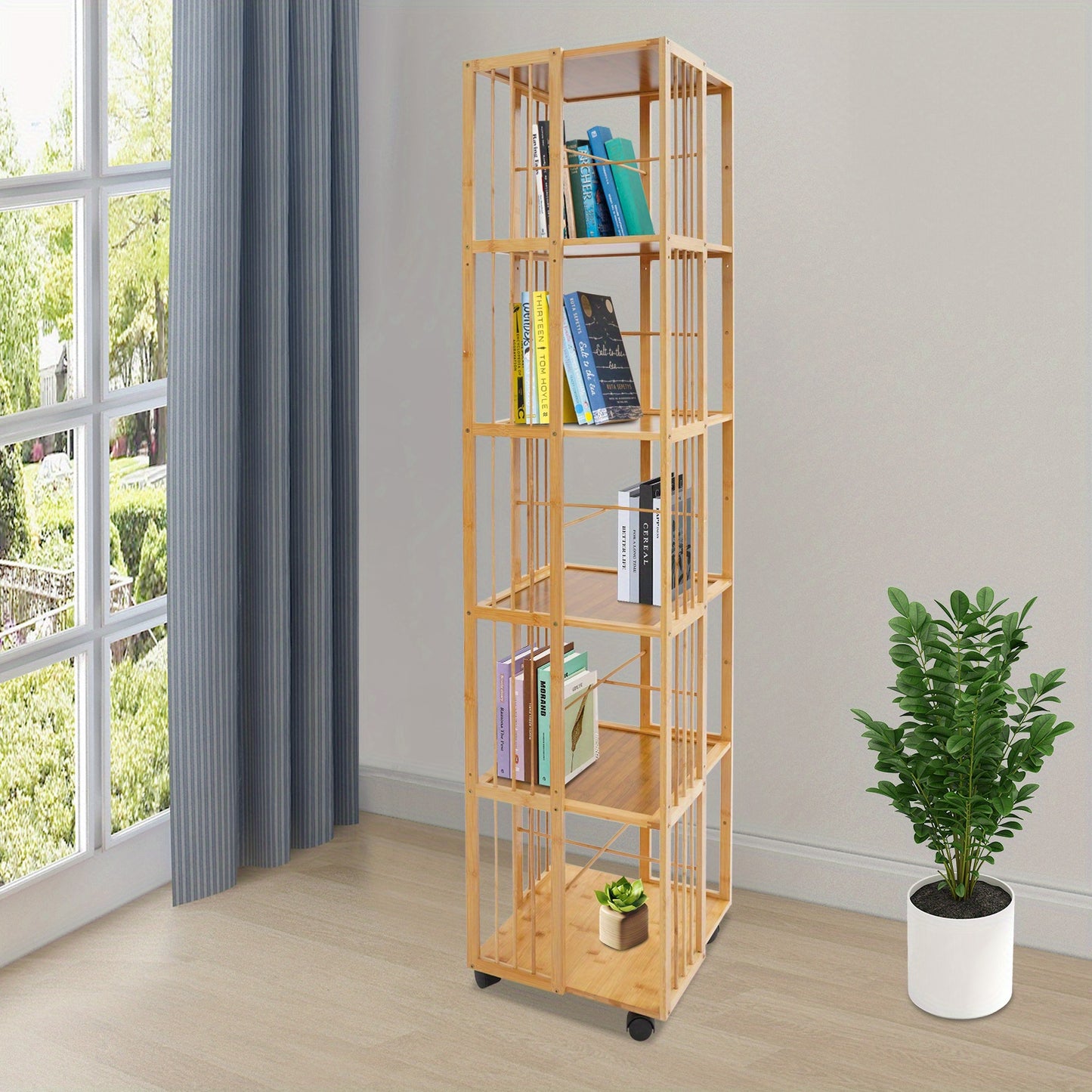 Draaibare Boekenplank – Boekenrek – Boekenkast – Verticale Opberger – Vrijstaande Plank – Bamboe Materiaal – 360° Draaibaar – 6-Lagen Ruimtebesparend Design – Natuurlijk Houtkleur