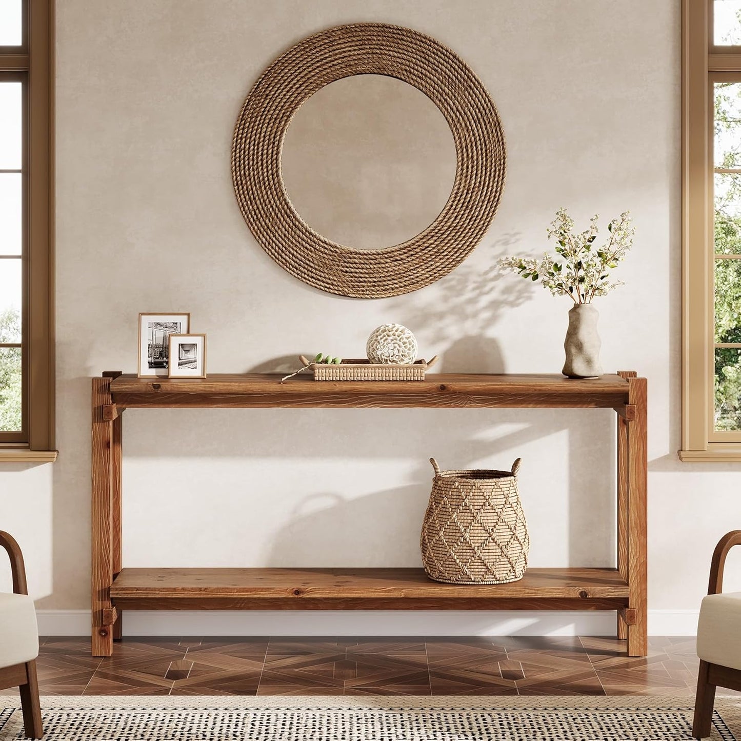 Console table, 160cm long, 2-tier entryway table, coffee table with storage, farmhouse wood back coffee table for living room, hallway (brown)