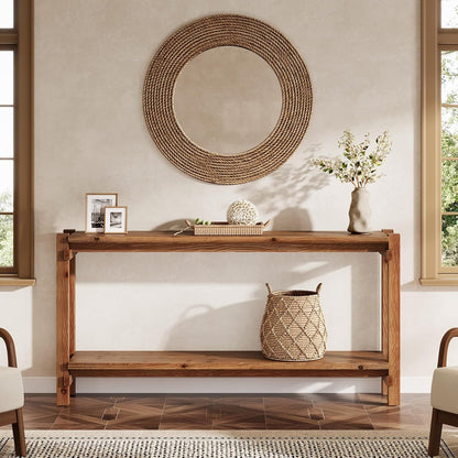 Console table, 160cm long, 2-tier entryway table, coffee table with storage, farmhouse wood back coffee table for living room, hallway (brown)