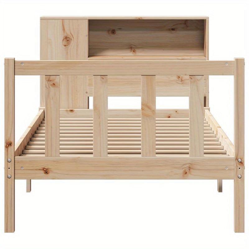 Bedframe – Studiebed – Opbergbed – Boekenbed – Eenpersoonsbed – Massief Pijnhout – Met Boekenplank Hoofdeinde – Compact 75x190 cm – Eenvoudige Montage – Modern Minimalistisch Design – Marrone