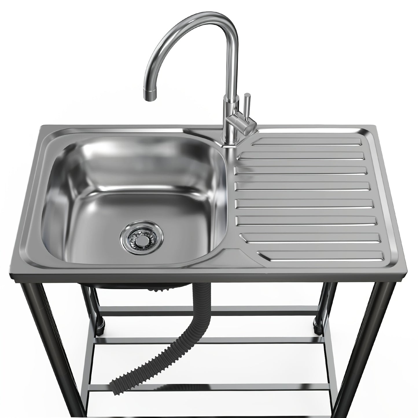 Stainless Steel Freestanding Sink with Workbench & Faucet - Heavy-Duty 304 Grade All-Weather Outdoor/Indoor Use, Large Capacity Durable Polished Sink for Kitchen, Camping, Garden, Garage, Holiday Events - Easy-Clean Surface &