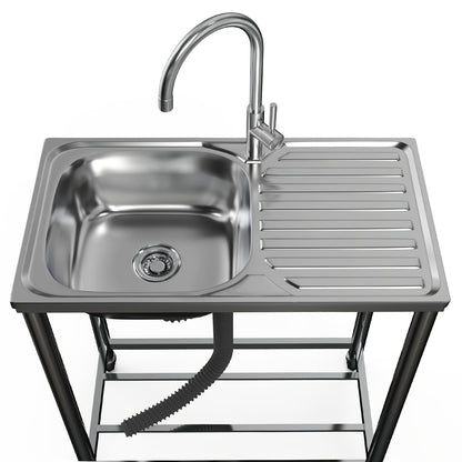 Stainless Steel Freestanding Sink with Workbench & Faucet - Heavy-Duty 304 Grade All-Weather Outdoor/Indoor Use, Large Capacity Durable Polished Sink for Kitchen, Camping, Garden, Garage, Holiday Events - Easy-Clean Surface &