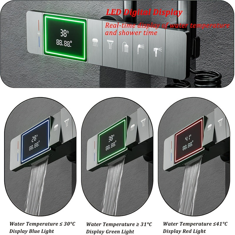 Douchekop – Handdouche – Regendouche – Digitale Douche – Doucheset – 5 Waterstraalstanden – Hydroelectrische Stroomvoorziening – Koper – Ambient Verlichting – Groot Display – Donkergrijs