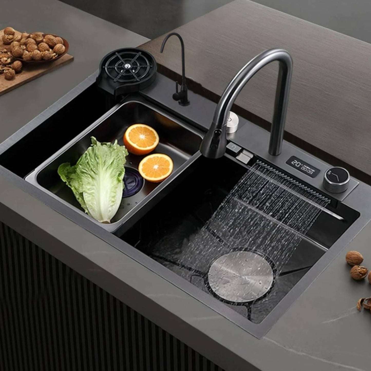Keukenspoelbak – Spoelbakken Keuken – Wasbak Keuken – Gootsteen Keuken – Enkele Spoelbak – Zwart RVS – 68x45 cm – Inclusief Afdruiprek en Watervalkraan