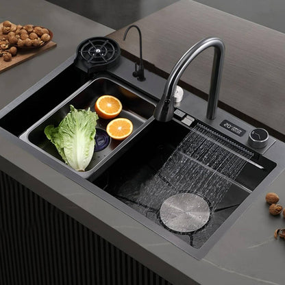 Keukenspoelbak – Spoelbakken Keuken – Wasbak Keuken – Gootsteen Keuken – Enkele Spoelbak – Zwart RVS – 68x45 cm – Inclusief Afdruiprek en Watervalkraan