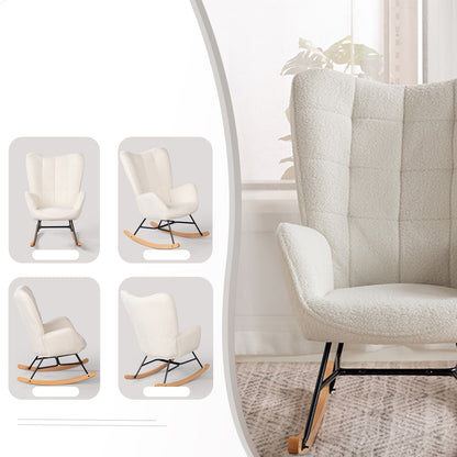 Schommelstoel – Schommelstoel Met Armleuning – Wiegstoel – Relaxstoel – Scandinavische Fauteuil – Beige – Sherpa Bekleding – Massief Beukenhout Met Metalen Frame – 84x68x99 cm