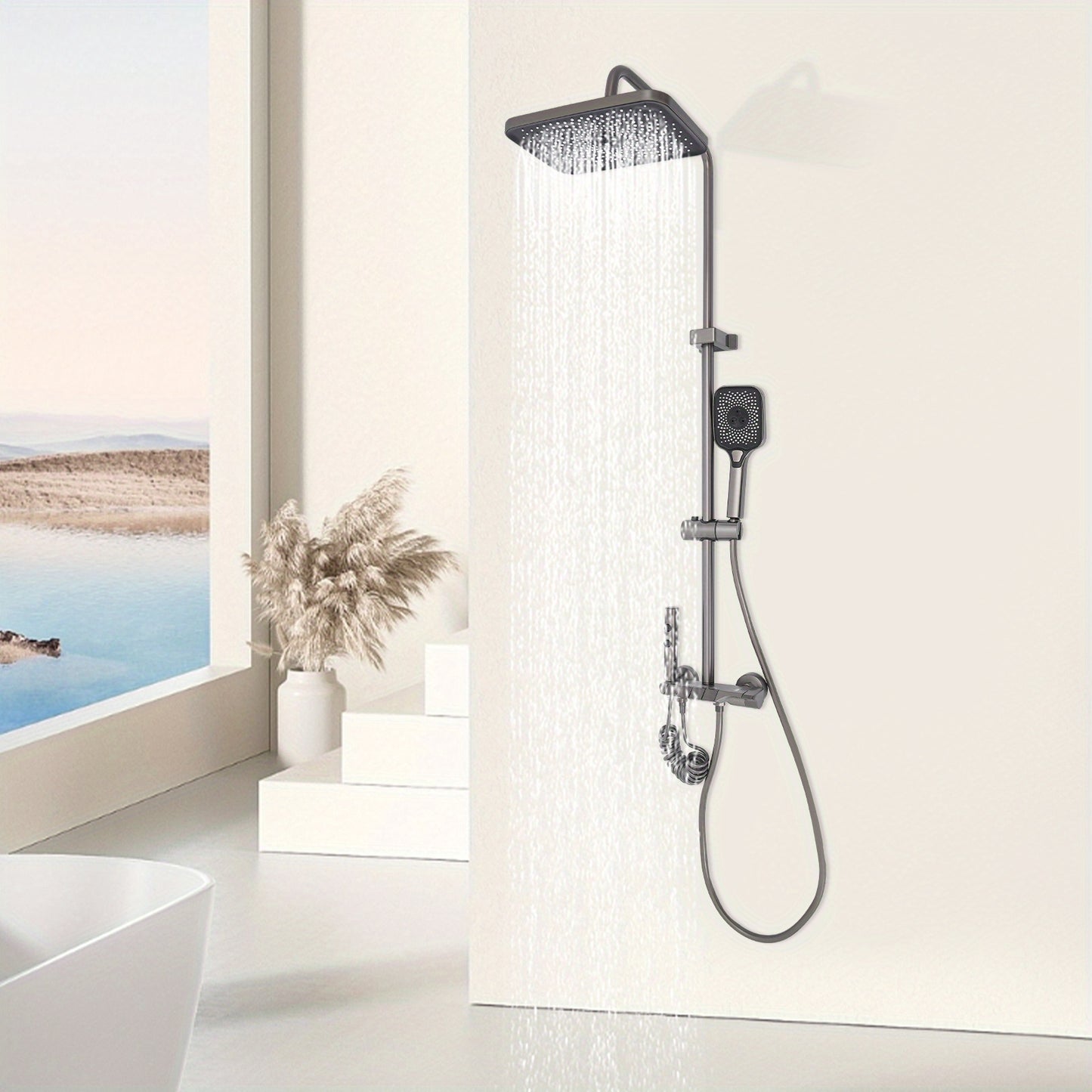 TOOL1SHOOO Modern Wall-Mounted Shower System with 4--1 Spray Functions, Adjustable Temperature Control, & PVD Coated Brass - High-Pressure Rain, Handheld with Pulse/Rain/Mix Modes, Water-Saving Design for Contemporary Bathroo