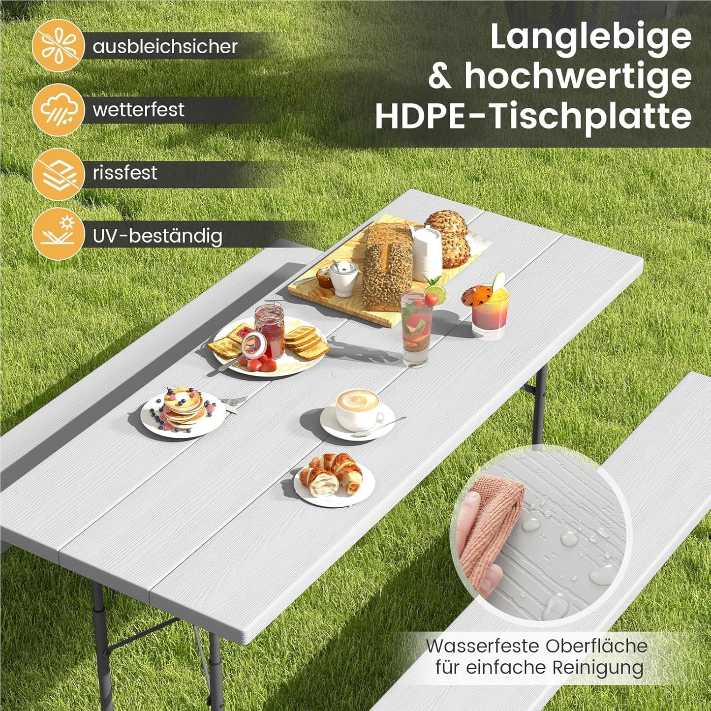Biertafeltje – Biertafel – Bierbank – Biertafelset – Biertentset – Inklapbaar – HDPE Tafelblad – Parasolhouder