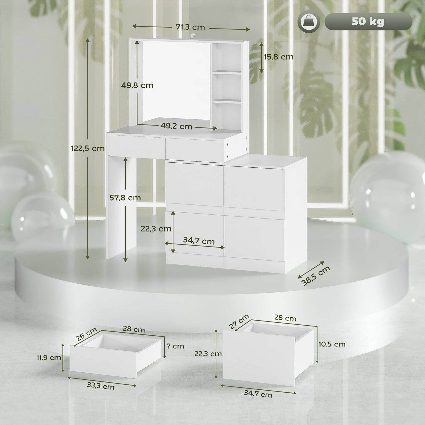 Make-Up Tafel – Schminktisch – Kaptafel – Vanity Table – Dressing Table – Wit – Grote Spiegel – 4 Lades en Veel Opbergruimte