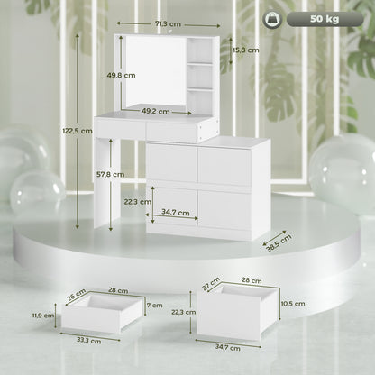 Make-Up Tafel – Schminktisch – Kaptafel – Vanity Table – Dressing Table – Wit – Grote Spiegel – 4 Lades en Veel Opbergruimte