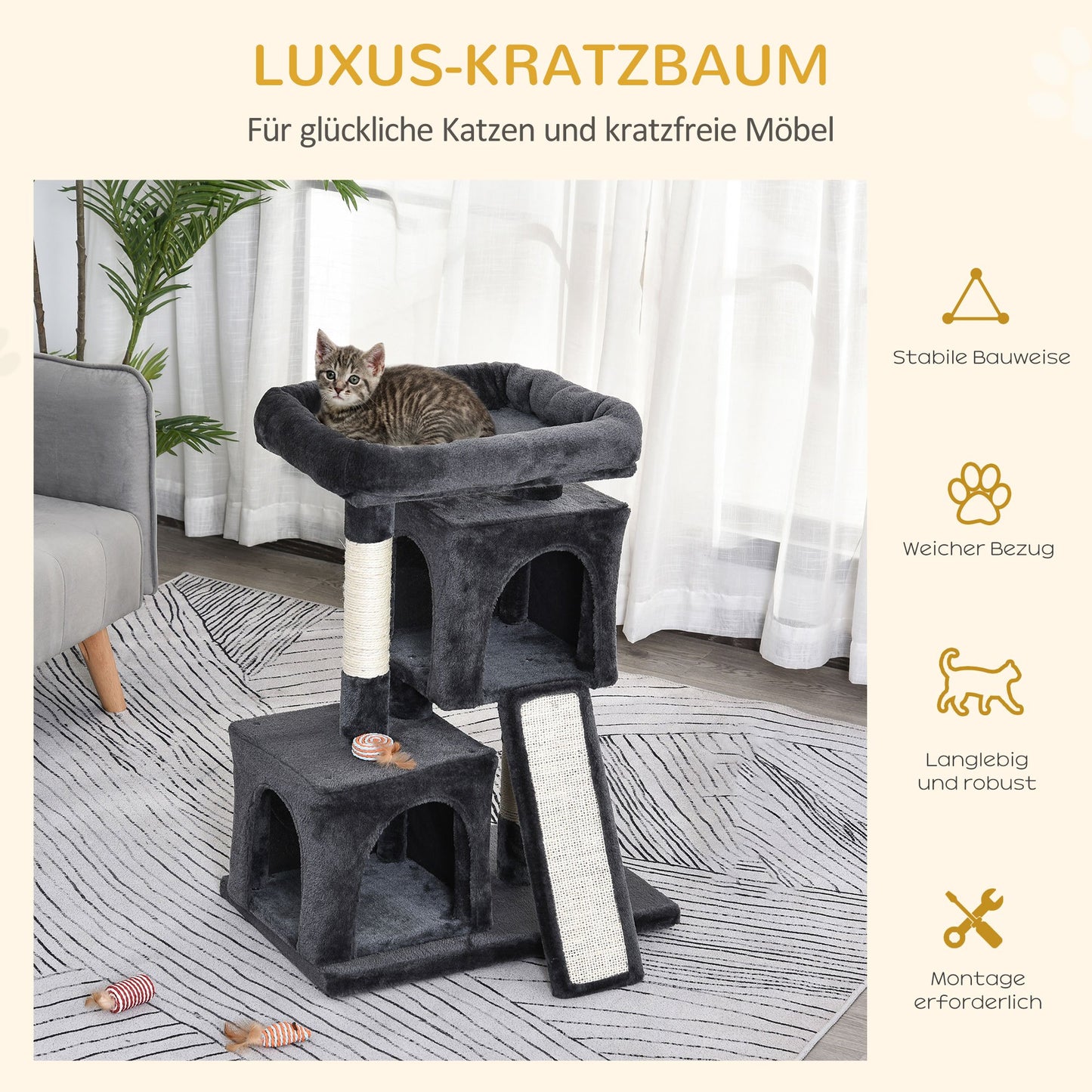 83 cm Small Cat Scratching Post with Sisal Columns, Cat Climbing Tree, Cat Furniture Play Tree for Small Cats, Dark Gray