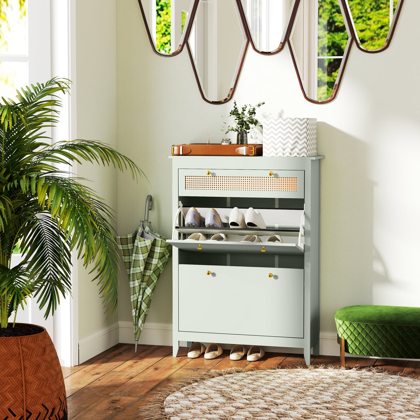 Schoenenkast – Schoenenrek – Schoenopberger – Schoenendisplay – Schoenmeubel – Voor 12 Paar Schoenen – Uittrekbare Lade & Draaideurtjes – Compact Groen Design