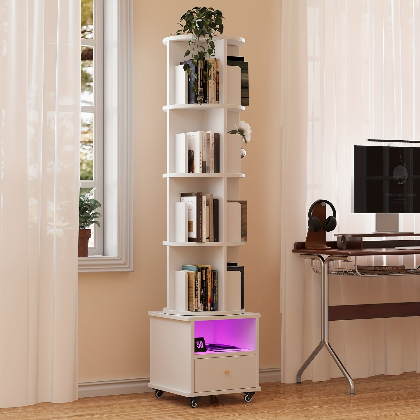 Draaibare Boekenkast – Boekplank – Boekenrek – Opbergkast – Boekhouder – 4 Planken Met Lade – 360° Draaibaar En Robuust Hout