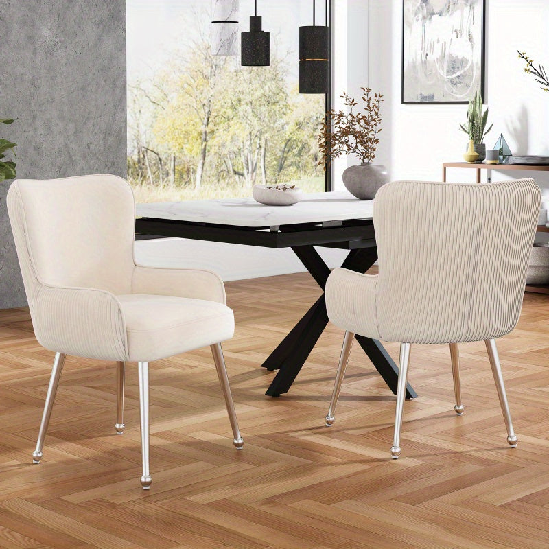 Velvet Stoelen 4-Set – Lounge Stoelen – Woonkamer Stoelen – Armstoel – Comfortabele Stoelen – Beige Velvet – Met Zilverkleurig Metalen Frame – Verstelbare Voeten & Lumbale Ondersteuning