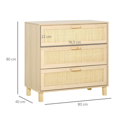 Opbergkast – Ladekast – Commode – Dressoir – Kast Beige – 3 Grote Lades – MDF Met Rotan Fronten