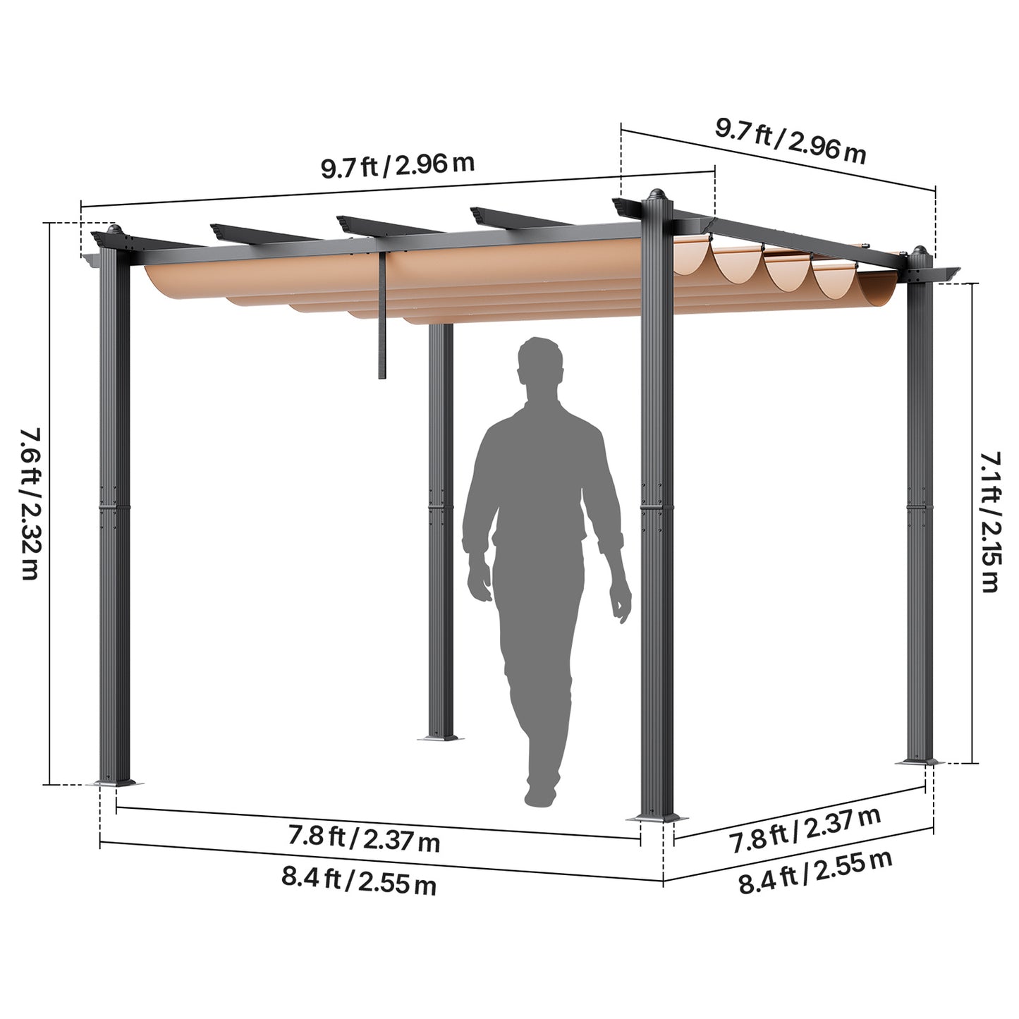 Pergola – Tuinpaviljoen – Terrasoverkapping – Zonwering – Buitenverblijf – Aluminium Frame – Uitschuifbaar Zonnescherm 3x3 m – UV-Bescherming