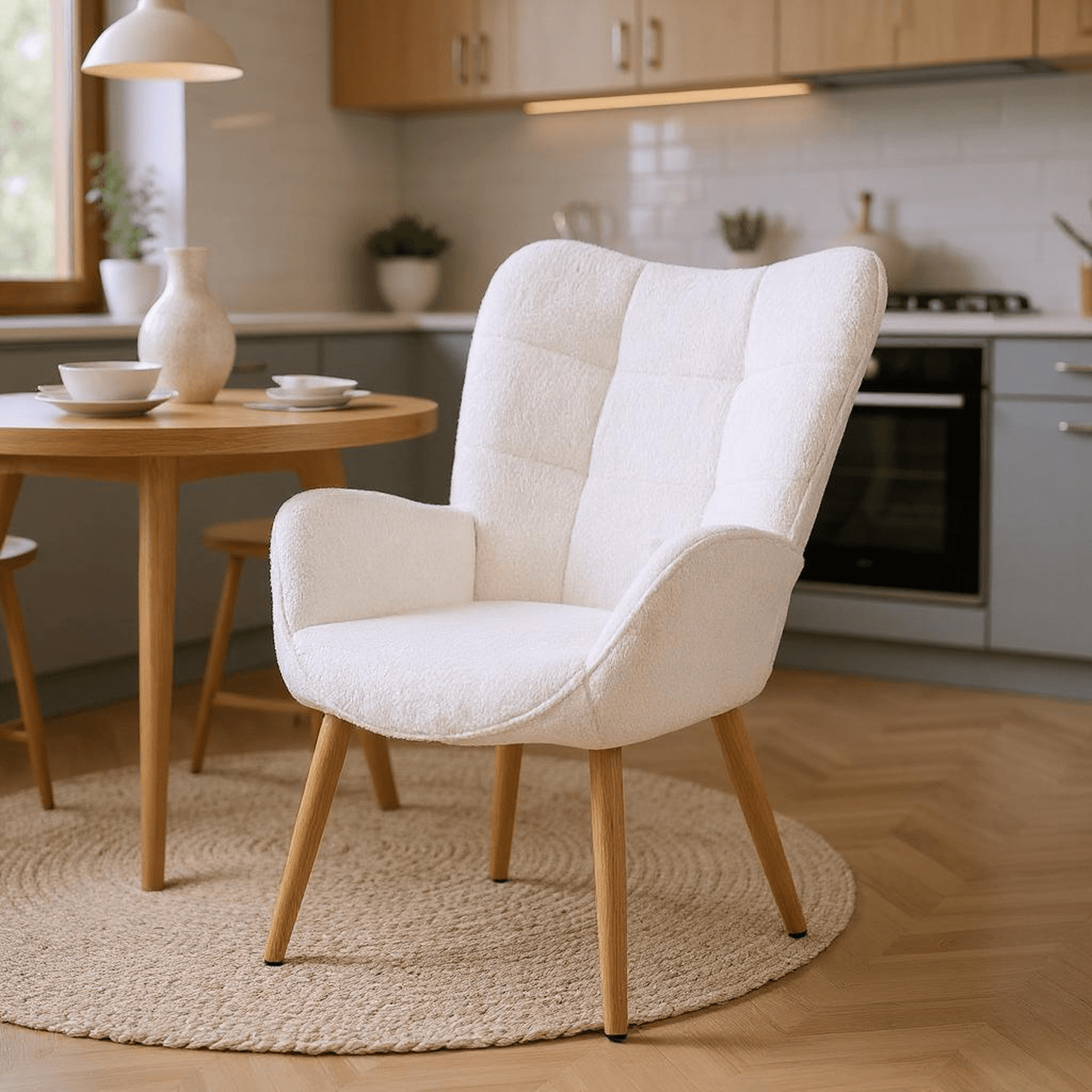 Eetkamerstoel – Stoel – Dining Chair – Armstoel – Dinerstoel – Beige Variant – Gewatteerde Teddy-Stof – Stevig Houten Frame – Ergonomisch & Comfortabel – 72x62x90,5 cm