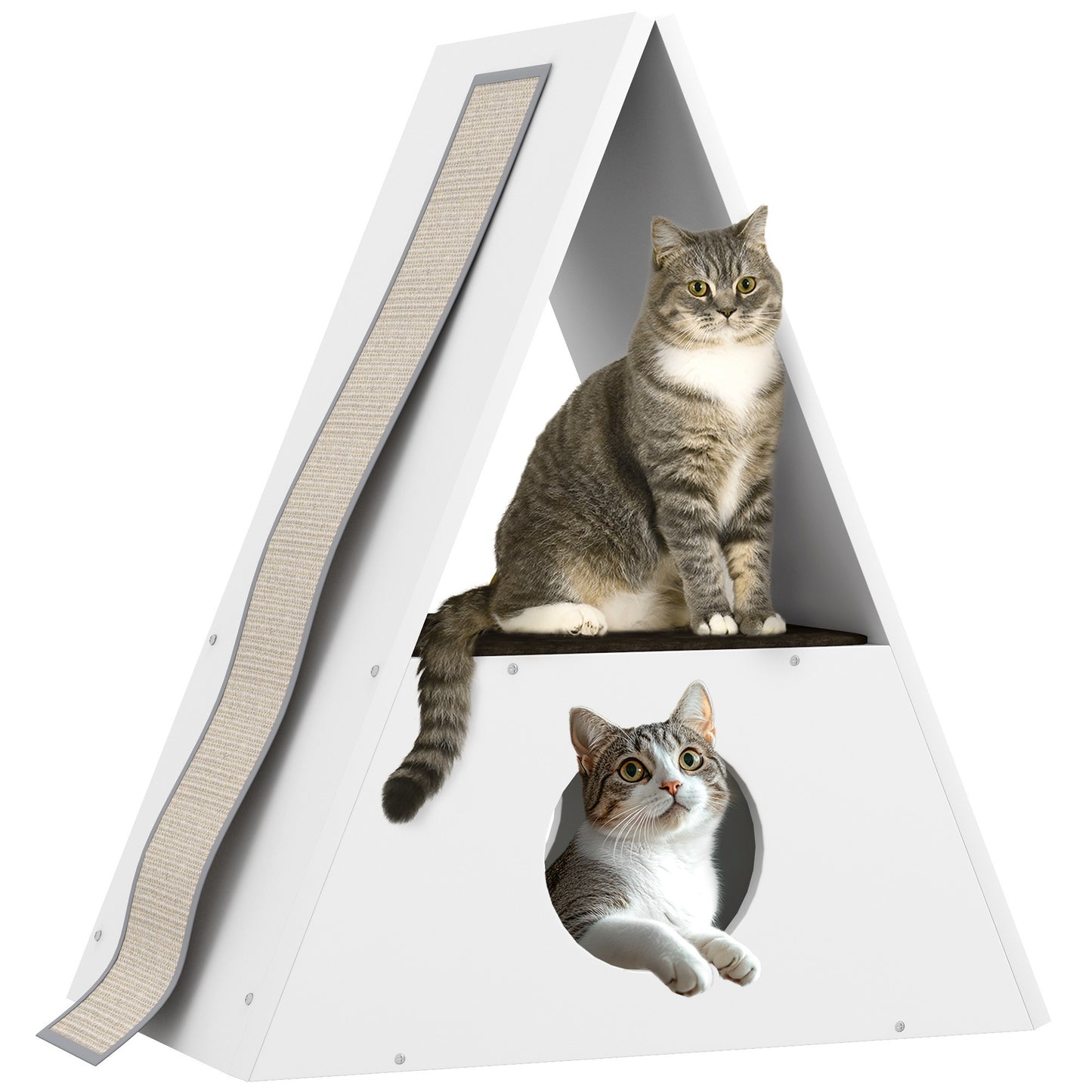 Kattenhuis – Kattenmand – Kattenhol – Kattenhut – Kattenverblijf – 2 Verdiepingen Met Matten – 4 Sisal Krabpalen – Hout – Wit-Beige
