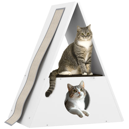 Kattenhuis – Kattenmand – Kattenhol – Kattenhut – Kattenverblijf – 2 Verdiepingen Met Matten – 4 Sisal Krabpalen – Hout – Wit-Beige