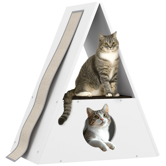 Kattenhuis – Kattenmand – Kattenhol – Kattenhut – Kattenverblijf – 2 Verdiepingen Met Matten – 4 Sisal Krabpalen – Hout – Wit-Beige