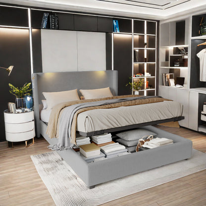 Opbergbed – Opbergbedden – Bed met Opbergruimte – Gestoffeerd Bed – Tweepersoonsbed – Hydraulisch Gasveer Mechanisme – LED-Verlichting en USB Oplaadfunctie – Fluwelen Bekleding en Metalen Frame