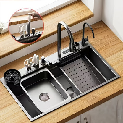 Digitale Keukenkraan – Keukenmengkraan – Waterval Kraan – Pull-Down Kraan – Uittrekbare Kraan – Grote Afmetingen 75x45 cm – Roestvrij Staal & Vacuüm Afvoersysteem
