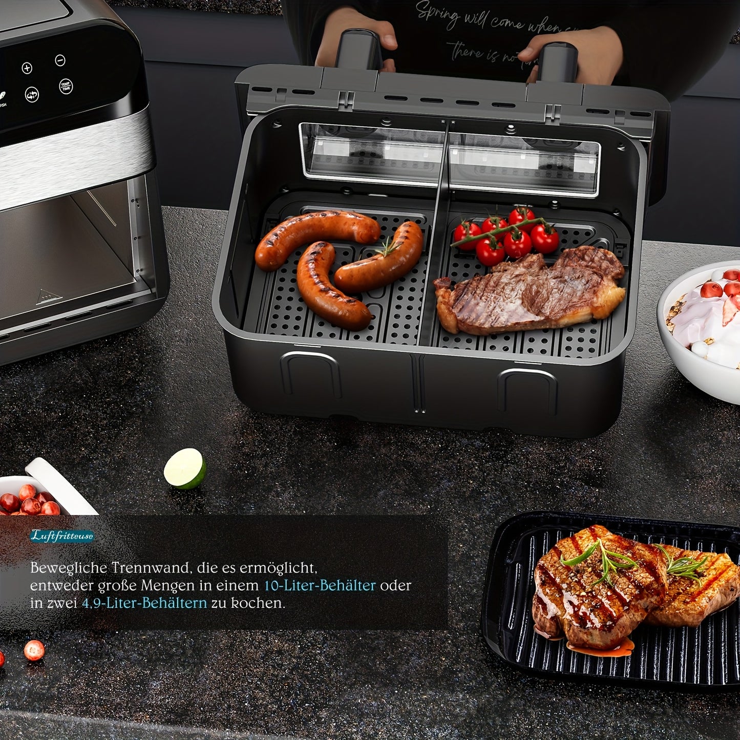9L Dual Basket Air Fryer with Dual Cooking Zones (4.5L+4.5L Pots) - 2400W High-Power Fast Cooking, 8-in-1 Presets, Touchscreen & Visible, ABS & Suitable for, Gatherings, Restaurants
