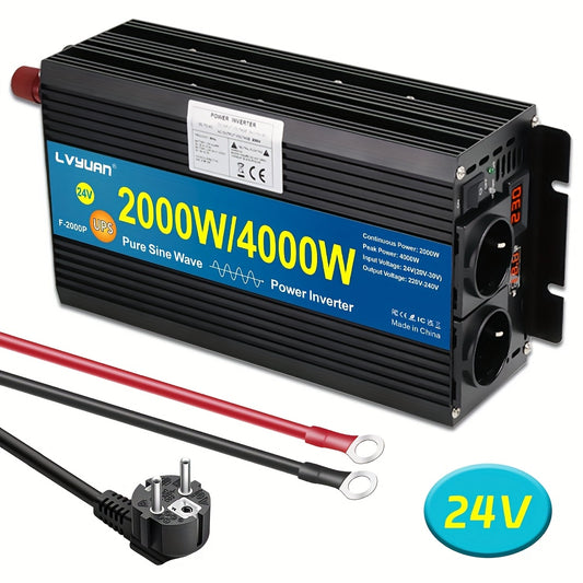 Omvormer – Spanningsomvormer – Stroomomzetter – Power Inverter – Zuivere Sinus – 2000W Continu / 4000W Piek – Aluminium Behuizing met LCD-display