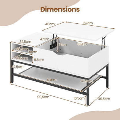 Verhoogbare Salontafel – Koffietafel – Tafel met Opbergruimte – Opklapbare Tafel – Lifting Tafel – Verwijderbare Plank – Verborgen Vak – Hoogwaardig MDF & Metaal