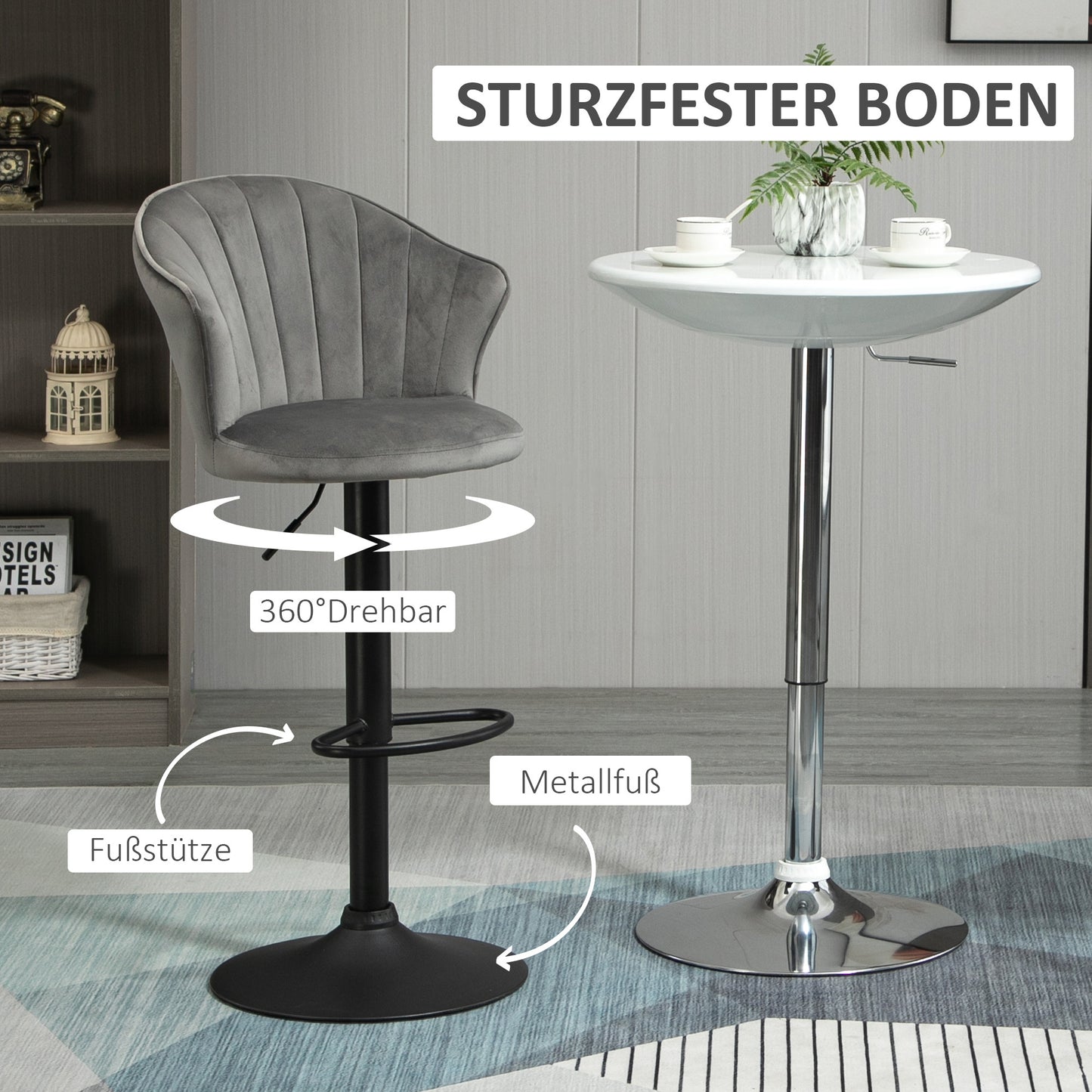 Barkrukken – Barstoelen – Keukenstoelen – Bistrostoelen – Krukken – Draaibaar – Verstelbare Hoogte – Fluweelachtige Bekleding – Met Rugleuning – Grijs – 54x56x91-111 cm