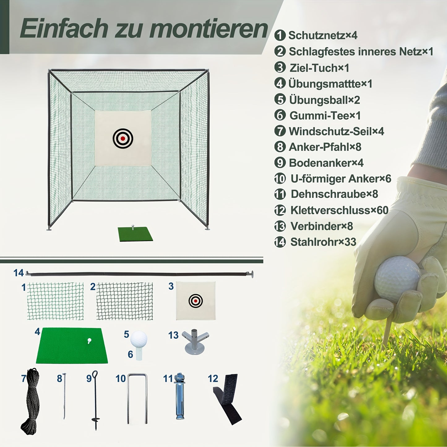 Golf oefenkooi – golf net – slagkooi – oefenkooi – trainingsnet – 3x3x3 meter – stevig stalen frame – scheurvast knotloos net