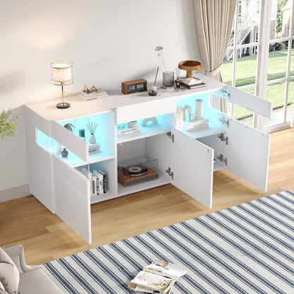 Dressoir – Sideboard – Kast – Opbergkast – Woonkamermeubel – Wit Hoogglans – 140 cm Breed – Duurzaam Bamboe – Drie Deuren Met 7 Planken