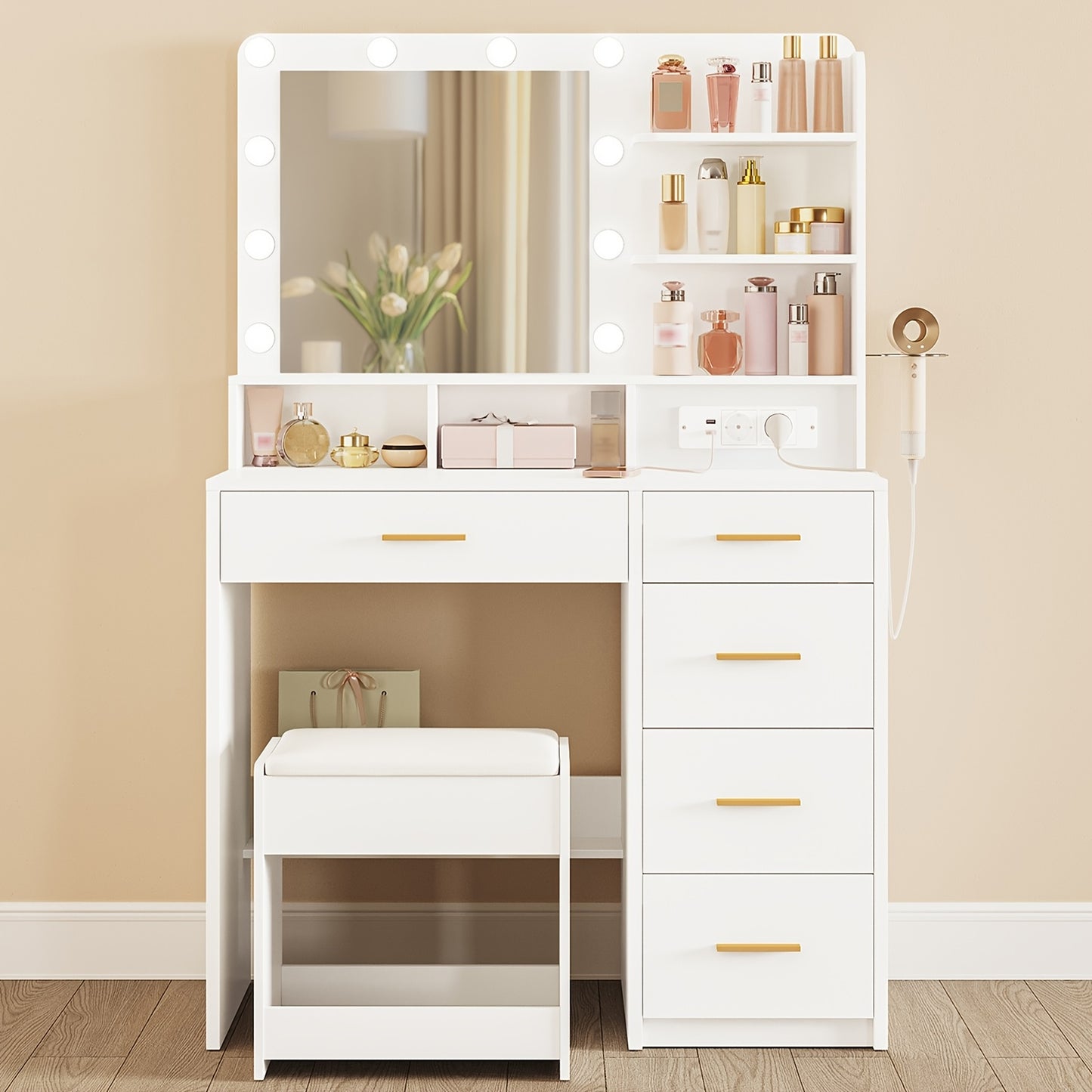 Kaptafel – Make-uptafel – Schminktisch – Dressing Table – Vanity Table – Wit – 3-in-1 LED-verlichting – Inclusief Kruk Met Opbergruimte