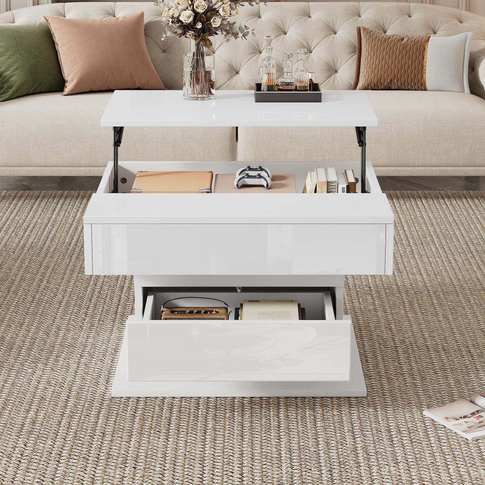 70*70*45cm Geometric Coffee Table | 360° Rotating Top, Height-Adjustable with 1 Drawer, High-Gloss, Concealed Storage, Modern Style, White, Metal Material
