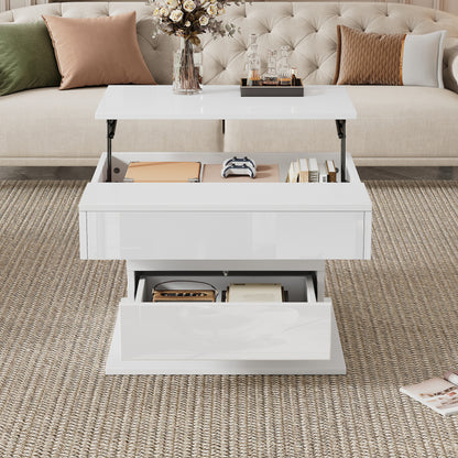 70*70*45cm Geometric Coffee Table | 360° Rotating Top, Height-Adjustable with 1 Drawer, High-Gloss, Concealed Storage, Modern Style, White, Metal Material