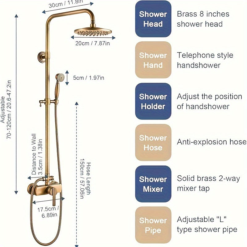 Doucheset – Regendouche – Handdouche – Douchekraan – Douchegarnituur – Antiek Messing Goud – Verstelbare Hoogte 70-120 cm – 20 cm Regendouchekop