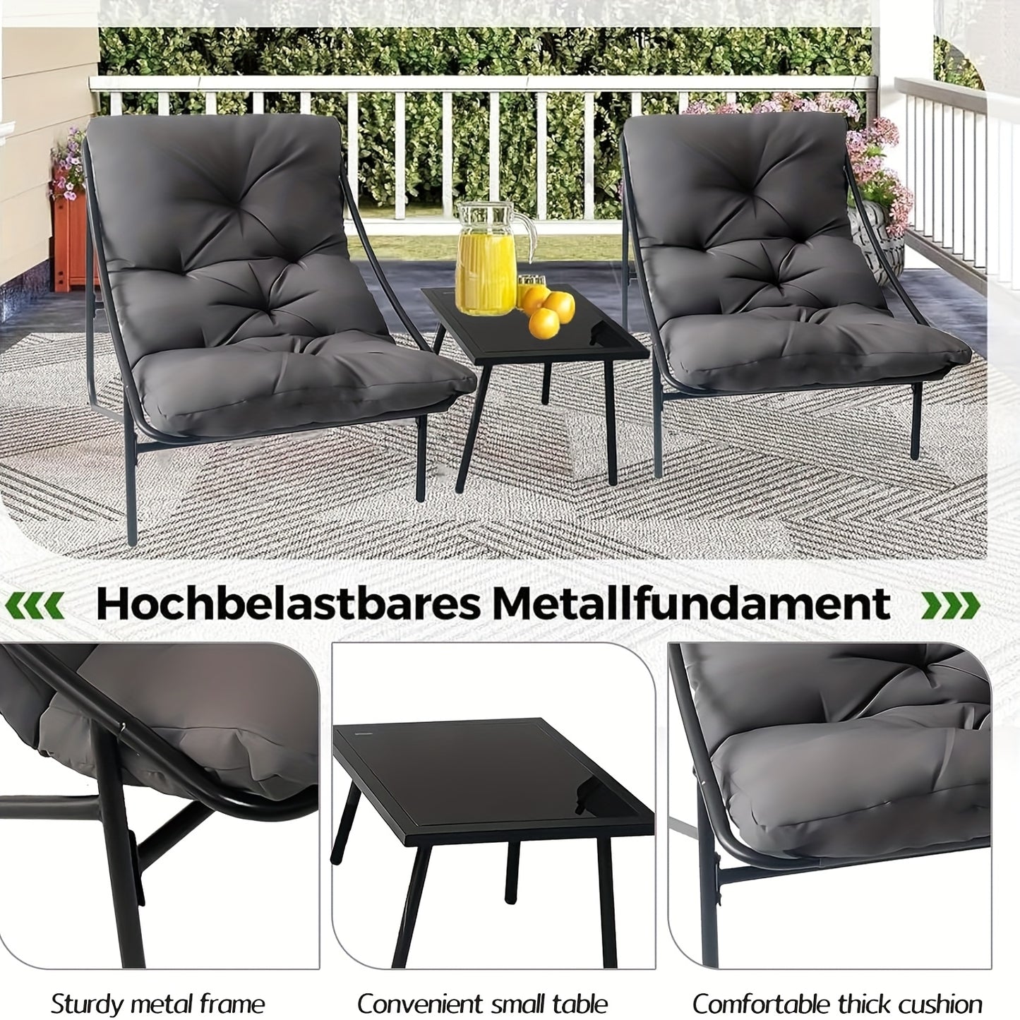 Loungeset – Loungebank – Tuinbank – Balkonset – Zitzetel – 3-delig Zwart – Inklapbaar & Verstelbare Rugleuning